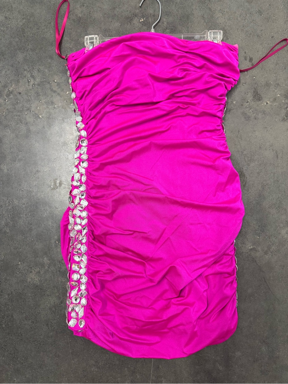 Women’s Hot Pink Strapless Ruched Dress with Crystal Side Trim
